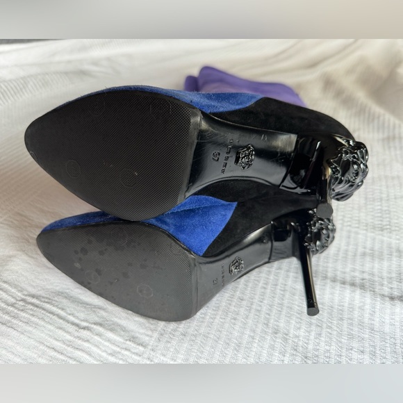 VERSACE Palazzo color block ambre suede knee-high heeled boots - Picture 7 of 10